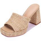Monrovia Raffia Heeled Sandals For Women，Platform Wedge Slip On Block Heel, Dressy Summer Open Toe Chunky High Heel Vacation Beach Slides Sandals