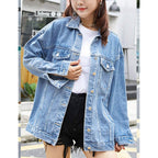 Women'S Oversized Mid Long Denim Jacket Jean Biker Coat