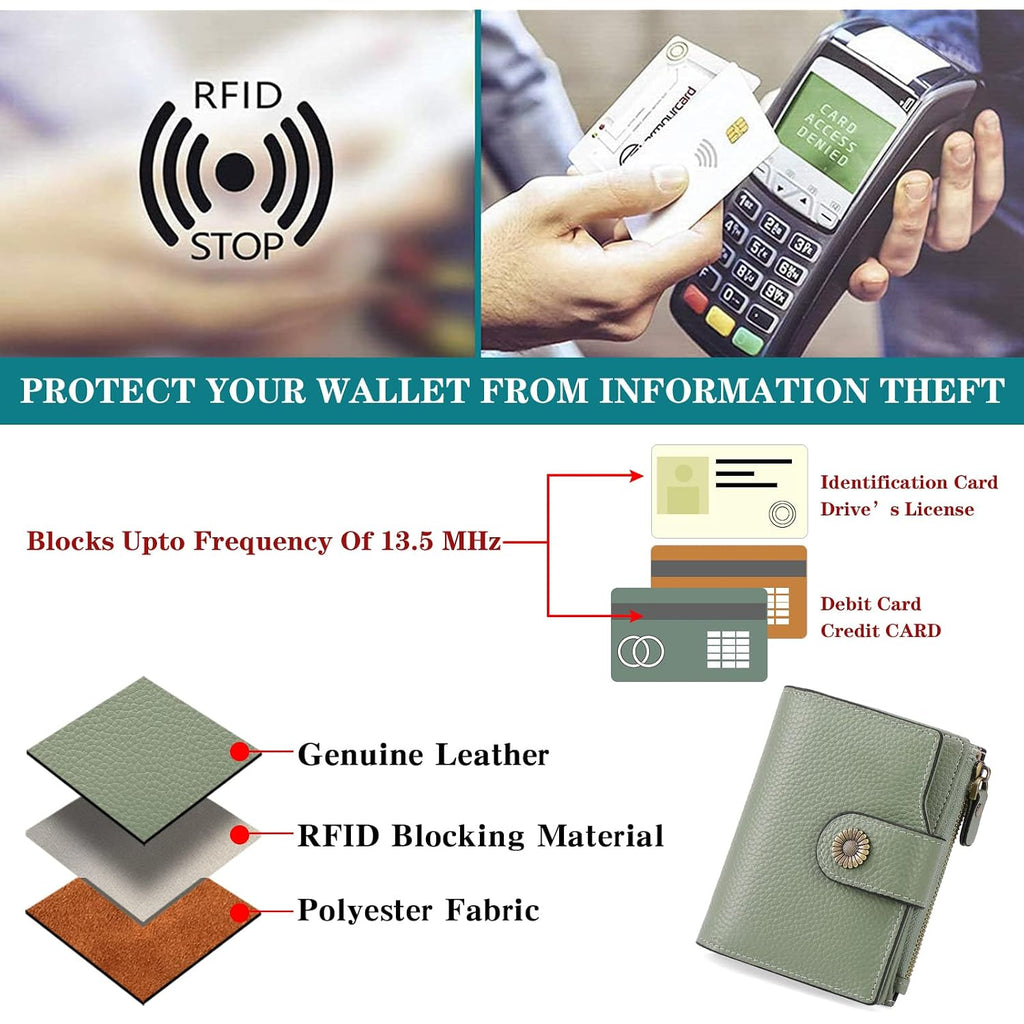 Women'S Lightweight Genuine Leather Wallet, Includes Card Holders, Rfid-Blocking, Lightweight, Photo & Id Holder, Green
