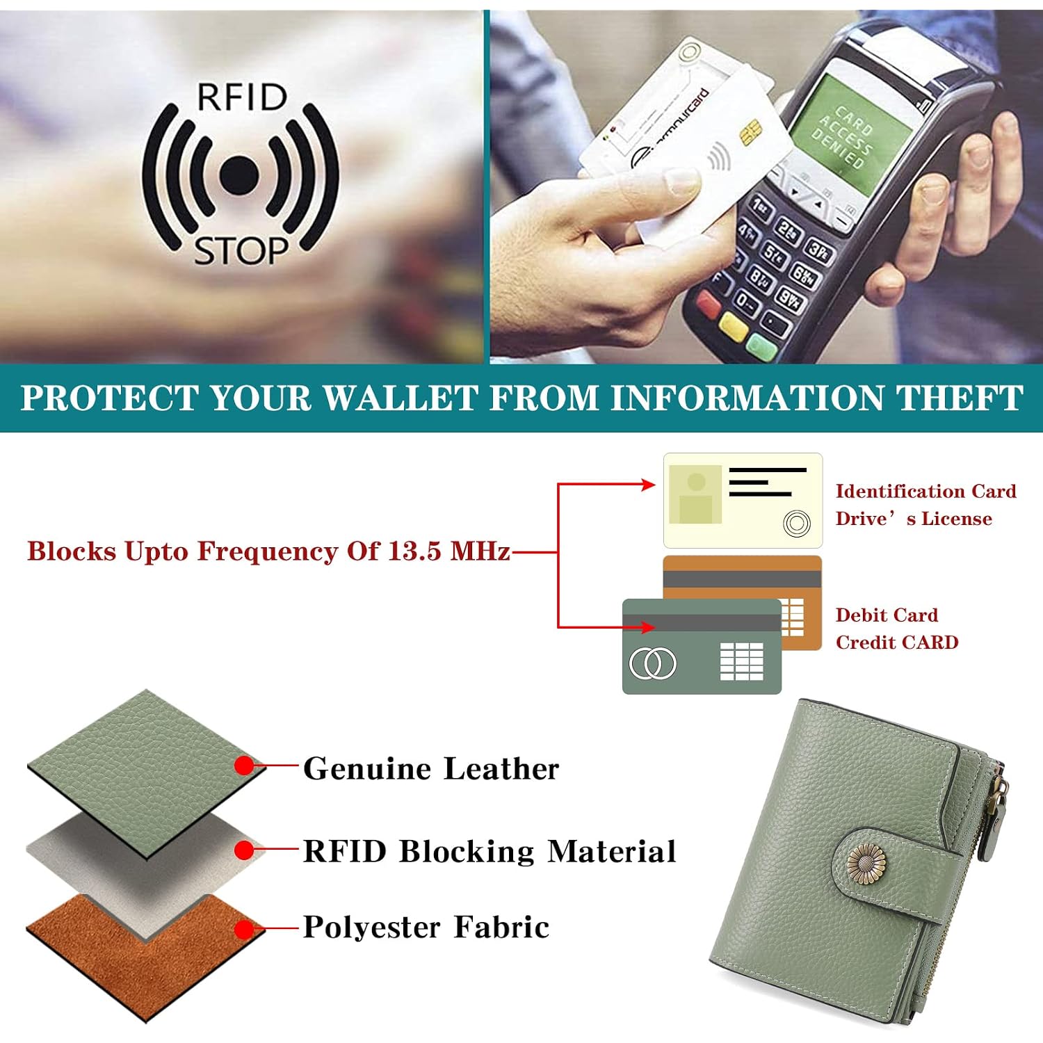 Women'S Lightweight Genuine Leather Wallet, Includes Card Holders, Rfid-Blocking, Lightweight, Photo & Id Holder, Green