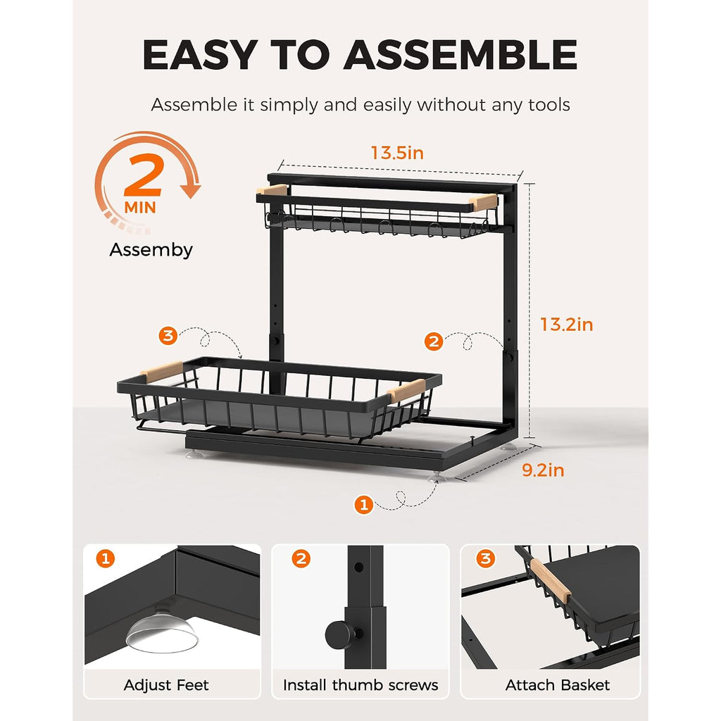 2-Pack 2-Tier Height Adjustable Under Sink Organizer & Storage | Multi-Purpose Storage For Kitchen & Bathroom Cabinet. Large Black Shelf, Height Adjustable Design For Space-Saving.
