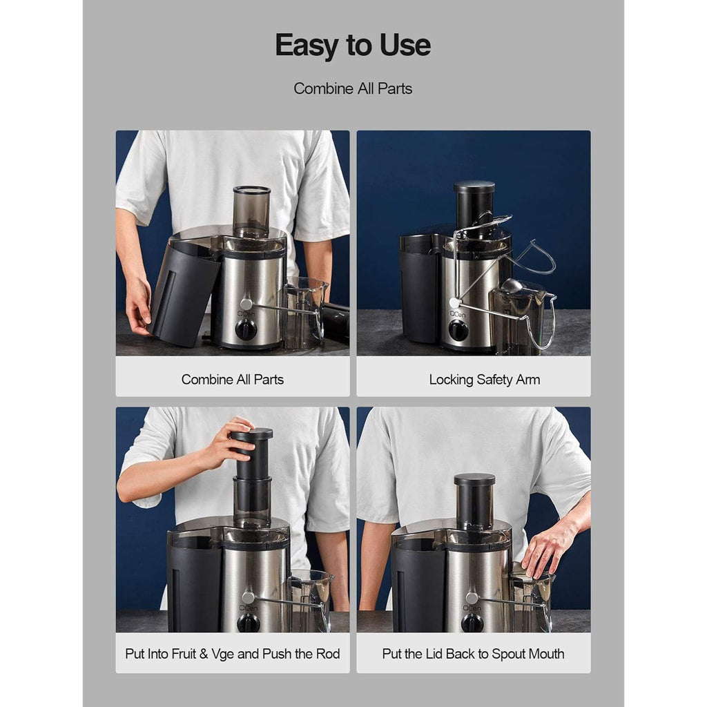 Qcen Juicer Machine, 500W Centrifugal Juicer Extractor With Wide Mouth 3” Feed Chute For Fruit Vegetable, Easy To Clean, Stainless Steel, Bpa-Free (Black)