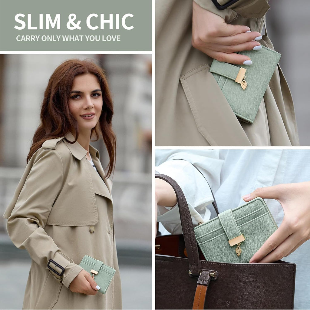 Pomelo Best Small Wallet Women RFID Blocking Bifold Soft Leather Card Holder with ID Window Zipper Coin Pocket Wallets for Women Green