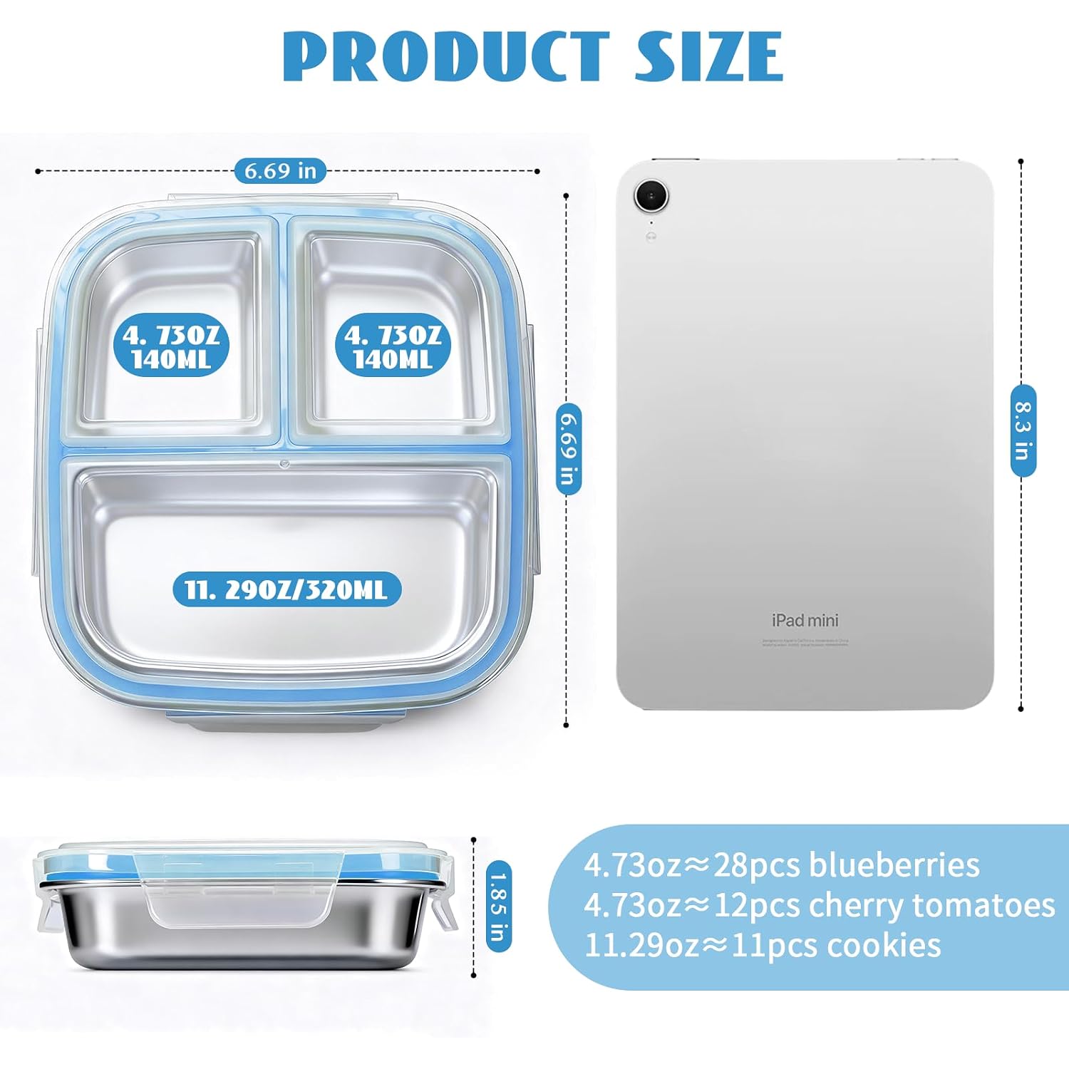 Stainless Steel Snack Containers, 3 Compartments Reusable On And Go Bento Box With Lids For Kids, Lunch Box Pre Meal Storage For Daycare School Outdoor Camping Travel - Blue