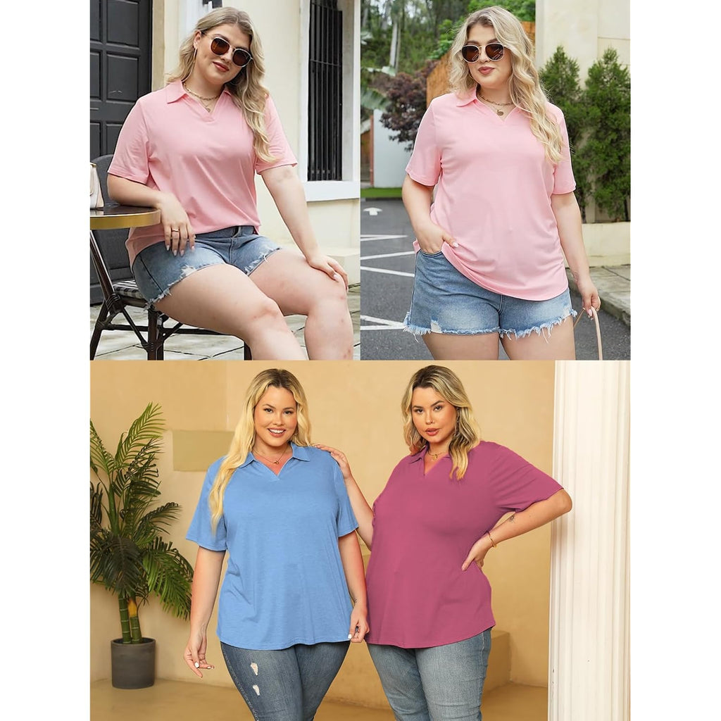 Plus-Size-Summer-Tops for Women Collared V Neck Polo Shirts Flowy Tunics Trendy Short Sleeve Blouses 1X-5X