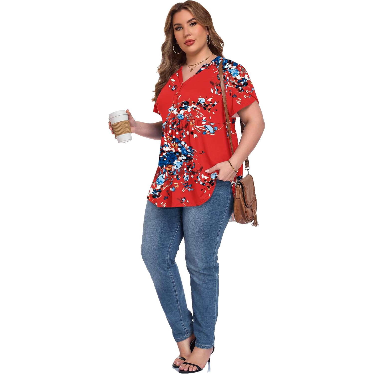 Women's Plus Size Short Ruffle Sleeve Henley Shirts V Neck Button Tunic Tops Casual Swing Flowy Dressy Blouses