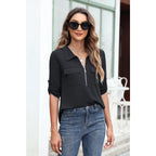 Women's 3/4 Sleeve Collared Blouses Business Casual Tops Zip Front V Neck Work Shirts Loose Fit Tunic Tops