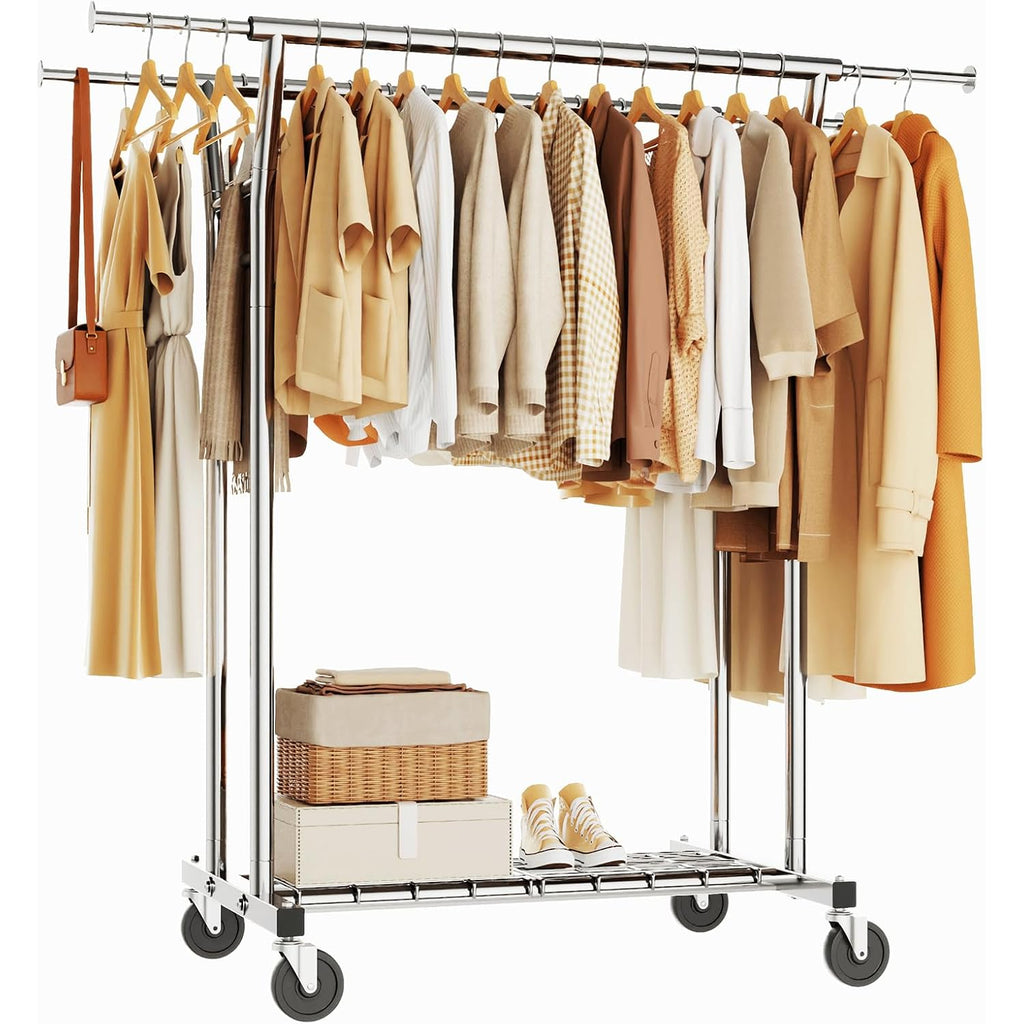 Hyseyy Heavy Duty Clothes Rack, Rolling Clothing Rack For Hanging Clothes With Shelves Load 700Lbs,Portable Garment Wardrobe Closet Rack With Wheels For Bedroom,Laundry Room,Retail Store,Silver