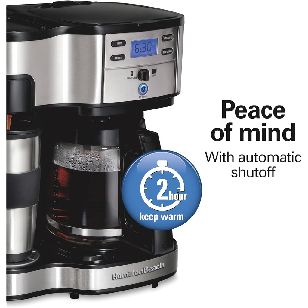 Hamilton Beach 2-Way Programmable Coffee Maker, 12 Cup Glass Carafe And Single Serve Coffee Maker, Black with Stainless Steel Accents, 49980RG