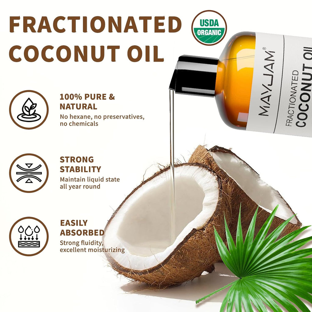 Mayjam Organic Fractionated Coconut Oils Liquid 16Oz, 100% Pure & Natural Usda Certified Cold Pressed Coconut Carrier Oil For Face Skin & Hair Moisturizing, Body Massage Oil For Essential Oils Mixing