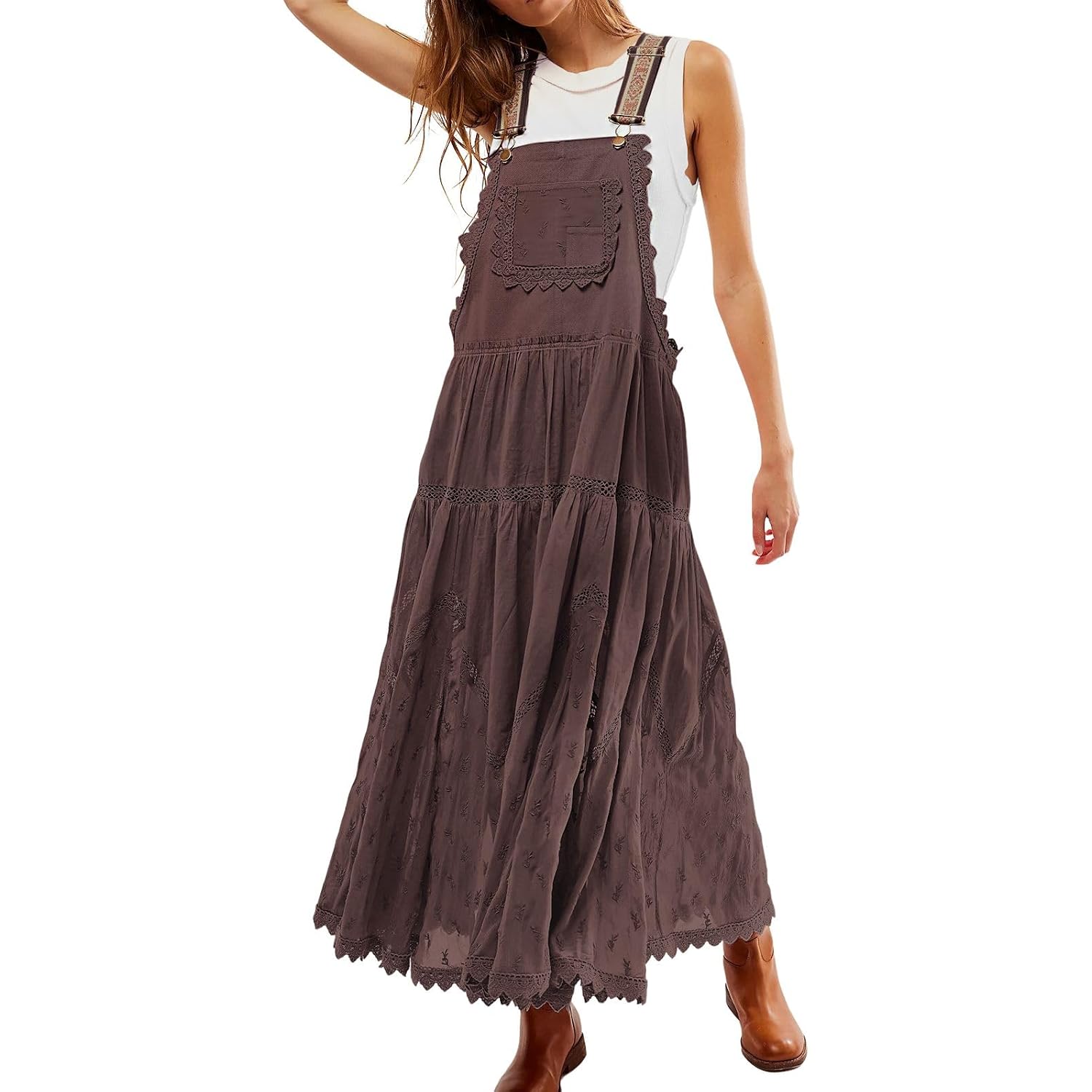 Women'S Casual Lace Embroidered Maxi Dress Adjustable Strap Pleated Tiered Swing Long Dress With Pockets