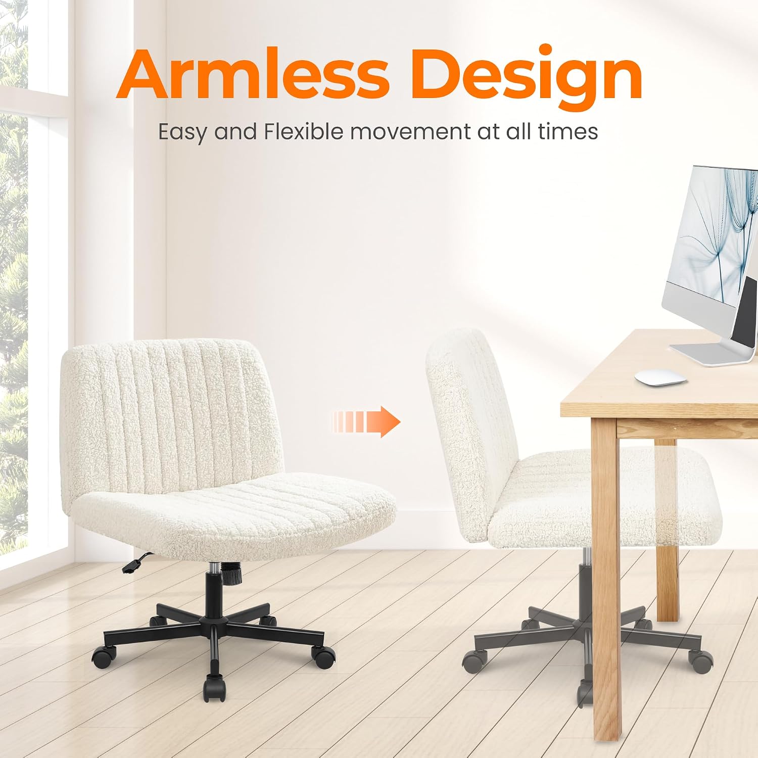 Neo Chair Criss Cross Chair With Wheels Home Office Cross Legged Armless Chairs Adjustable Computer Desk Wide Seat For Bedroom Vanity Comfy Swivel (Teddy White)