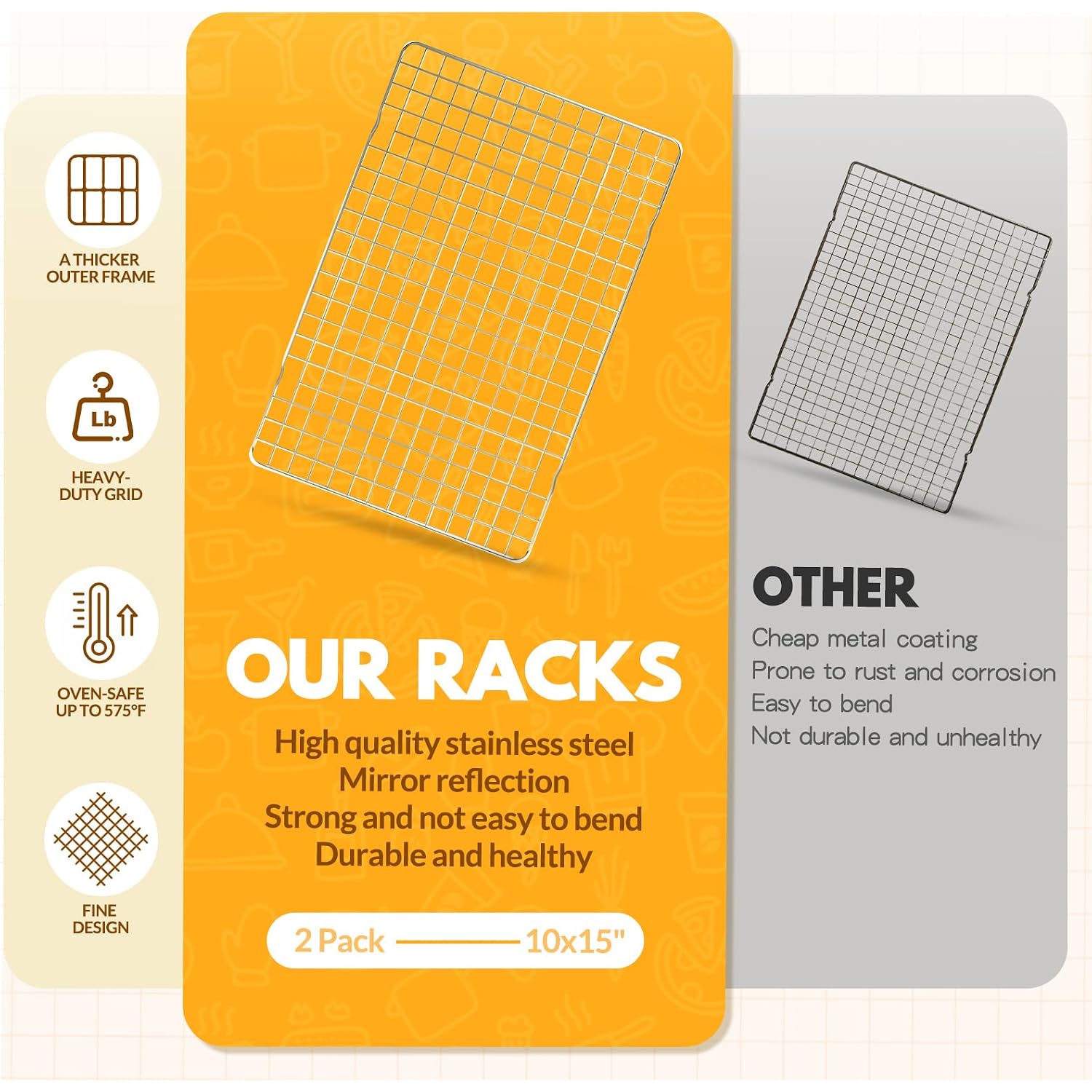 2 Pcs Cooling Racks For Cooking And Baking, 15X10 Inches Stainless Steel Cooling Rack, Sheet Pan With Wire Rack For Baking Sheet, Bacon Rack Oven Safe Fits Jelly Roll Sheet Pan