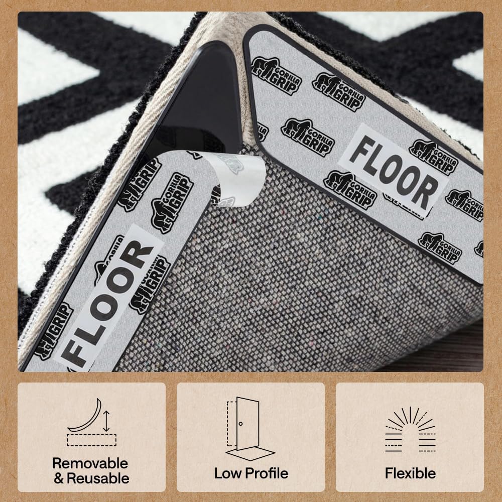 GORILLA GRIP® Rug Gripper Pads, Extra Long Reusable Double-Sided Adhesives Keep Area Rugs Corners Flat, Grips Hardwood, Tile and Laminate Floors, Renter Friendly, Holds Down Carpet in Place, 8 Pcs