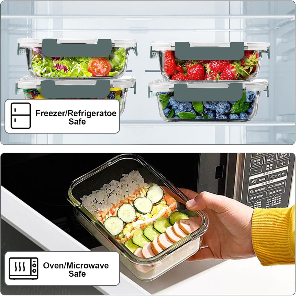 Verones 10 Pack 22 Oz Glass Meal Prep Containers, Airtight Glass Lunch Containers Set, Glass Food Storage Containers With Lids,Exclusive Of Bpa, For Microwave, Oven, Freezer & Dishwasher Friendly,Grey
