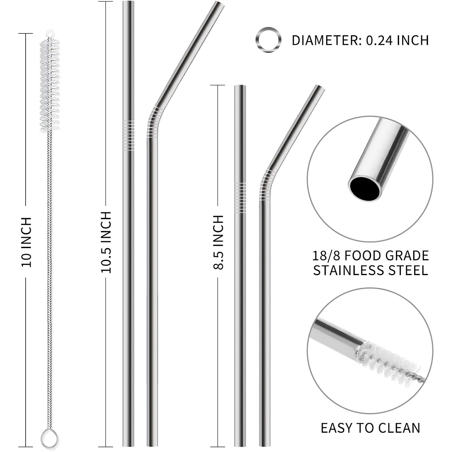 Hiware 12-Pack Reusable Stainless Steel Metal Straws With Case - Long Drinking Straws For 30 Oz And 20 Oz Tumblers Dishwasher Safe - 2 Cleaning Brushes Included