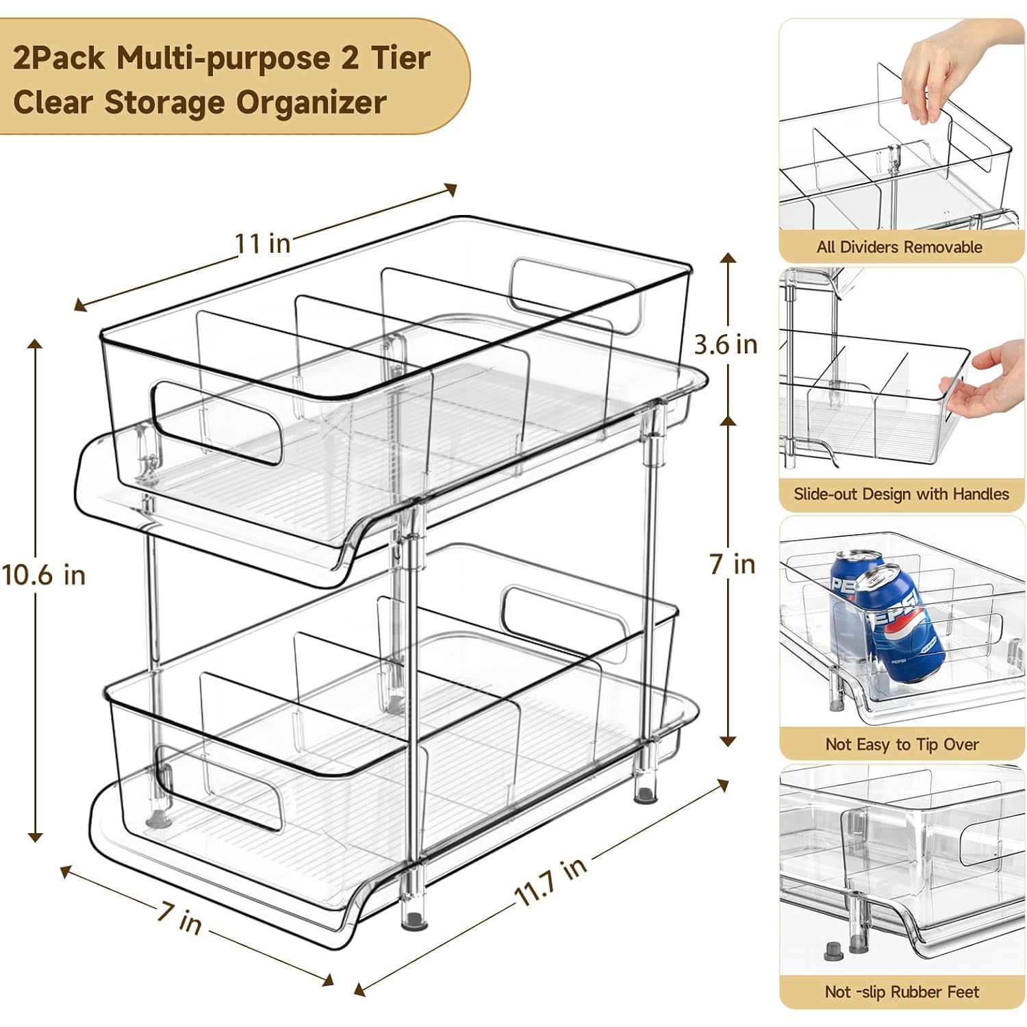 2-Tier Bathroom Organizer With Dividers, Clear Under Sink And Pull-Out Cabinet Organizer For Kitchen And Pantry Storage