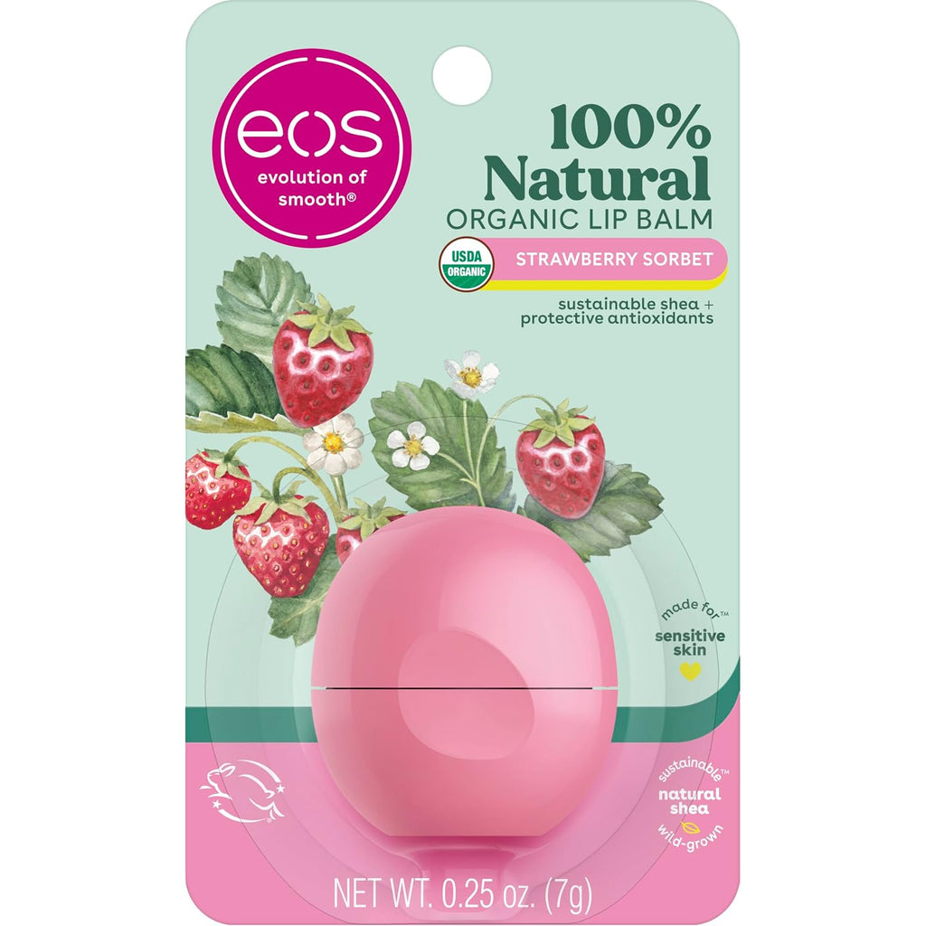 Eos 100% Natural & Organic Lip Balm - Strawberry Sorbet, All-Day Moisture, Dermatologist Recommended For Sensitive Skin Care, Lip Care Products, 0.25 Oz