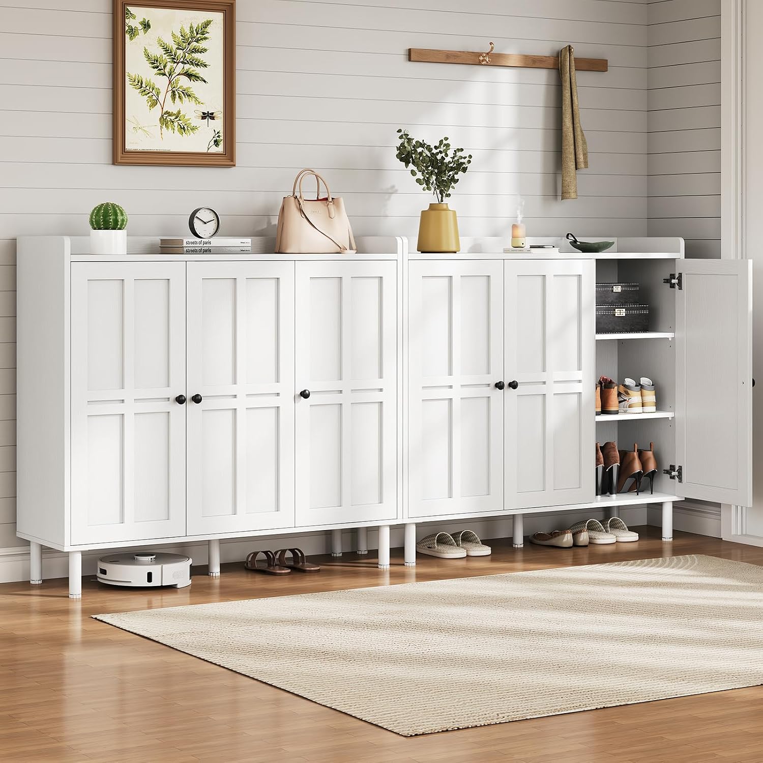 Shoe Cabinet With 3 Doors And Adjustable Shelves, 30 Pairs Shoe Storage Cabinet, 40 Inch Tall Farmhouse Shoe Rack Shoe Organizer Cabinet For Entryway Living Room Closet, White
