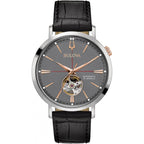 Bulova Men'S Classic Aerojet 3-Hand Automatic Leather Strap Watch, Open Aperture, 40-Hour Power Reserve, Double Curved Mineral Crystal, 41Mm