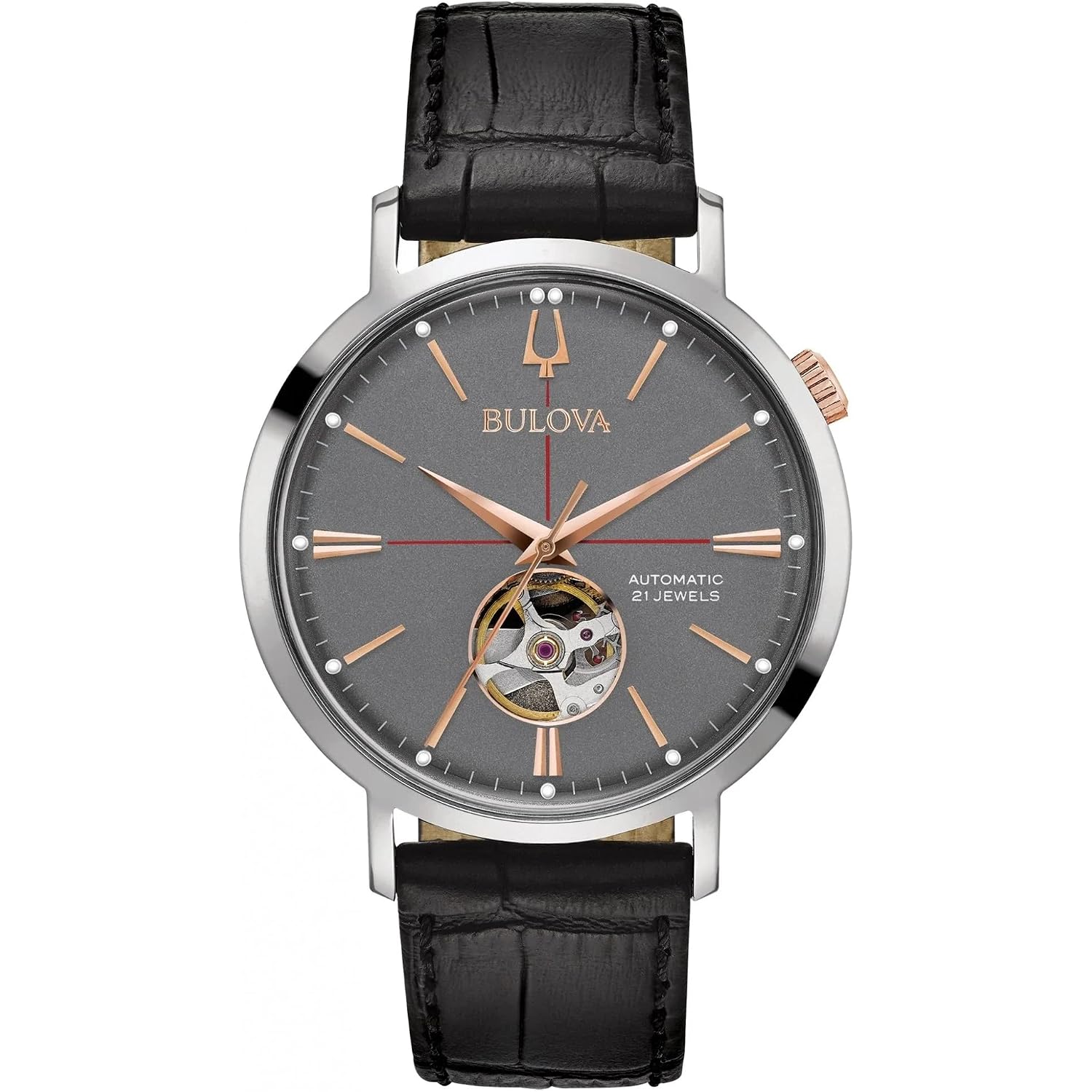 Bulova Men'S Classic Aerojet 3-Hand Automatic Leather Strap Watch, Open Aperture, 40-Hour Power Reserve, Double Curved Mineral Crystal, 41Mm