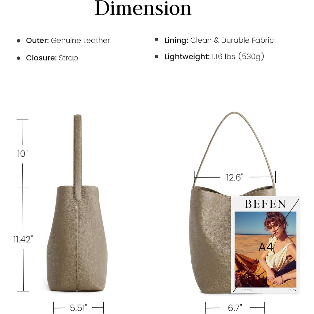 Befen Genuine Leather Bucket Bag For Women, Soft Pebbled Leather Bucket Shoulder Bag, Everyday Casual Tote Bag Minimalist