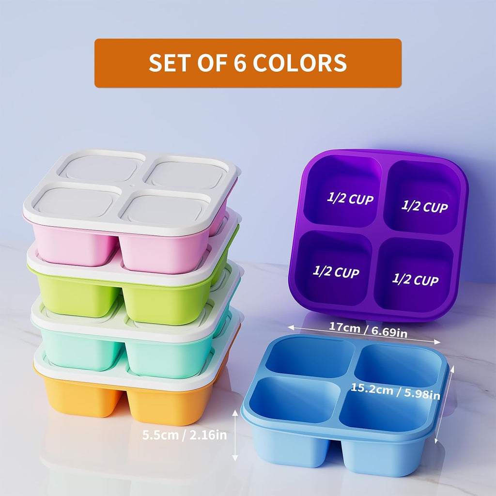 6 Pcs Bento Snack Containers, Reusable 4 Compartment Food Storage Container With Lids, Divided Lunchable Container, Freezer, Microwave & Dishwasher Safe (6 Color)