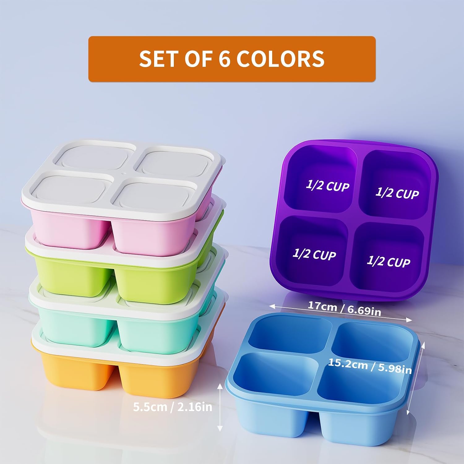 6 Pcs Bento Snack Containers, Reusable 4 Compartment Food Storage Container With Lids, Divided Lunchable Container, Freezer, Microwave & Dishwasher Safe (6 Color)