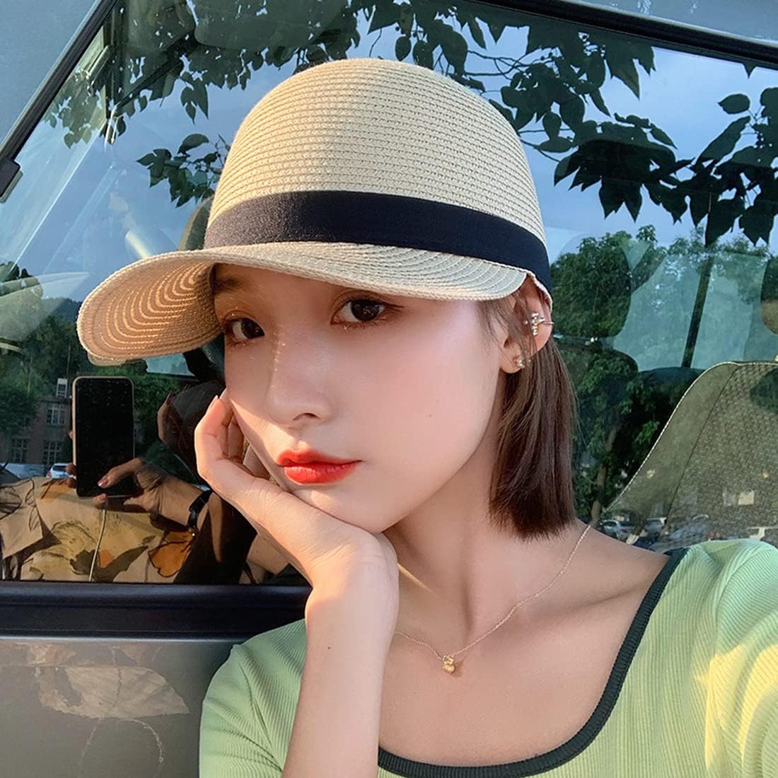 Summer Visor Hats for Women Foldable Floppy Solid Color Straw Sun Hat Travel Beach Baseball Cap Beige