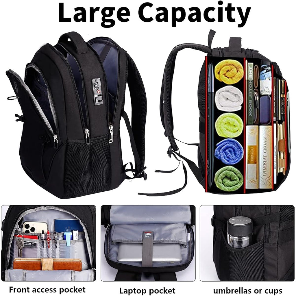 Shrradoo Anti Theft Laptop Backpack Travel Backpacks With Combination Lock For Women Men High School College Backpack Computer Bag Fits 17 Inch Laptop,Black