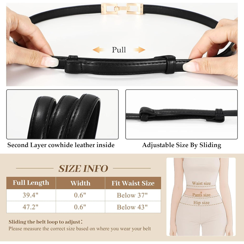 WERFORU 2 Pack Women Skinny Belt Thin Waist Belt for Pants Leather Belt with Gold Buckle for Jeans Dress,0.6" width