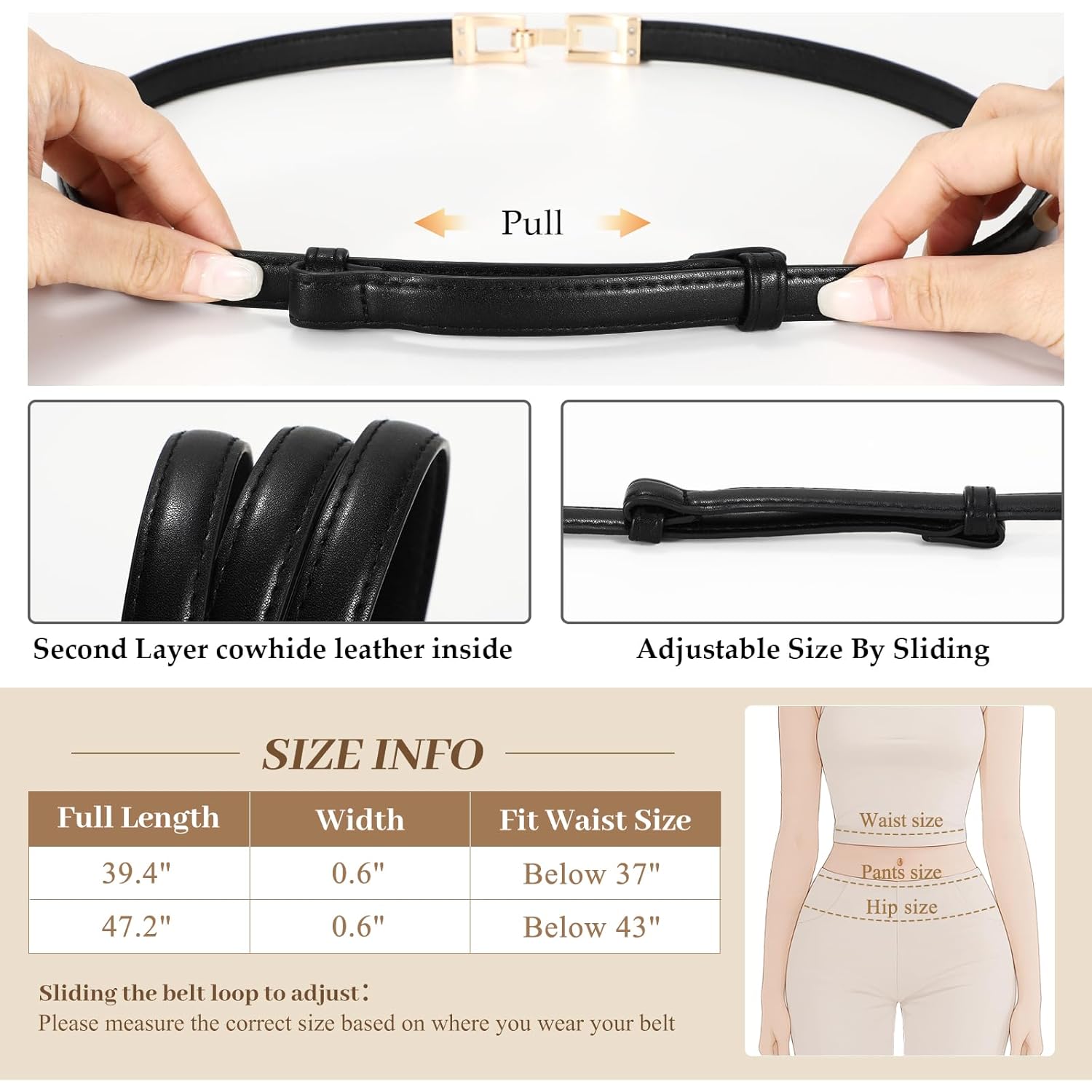 WERFORU 2 Pack Women Skinny Belt Thin Waist Belt for Pants Leather Belt with Gold Buckle for Jeans Dress,0.6" width