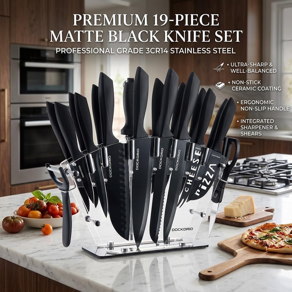 Kitchen Knife Set with Block, 19 PCS High Carbon Stainless Steel Sharp includes Serrated Steak Knives Set, Chef Knives, Bread Knife, Scissor, Sharpener, all in one