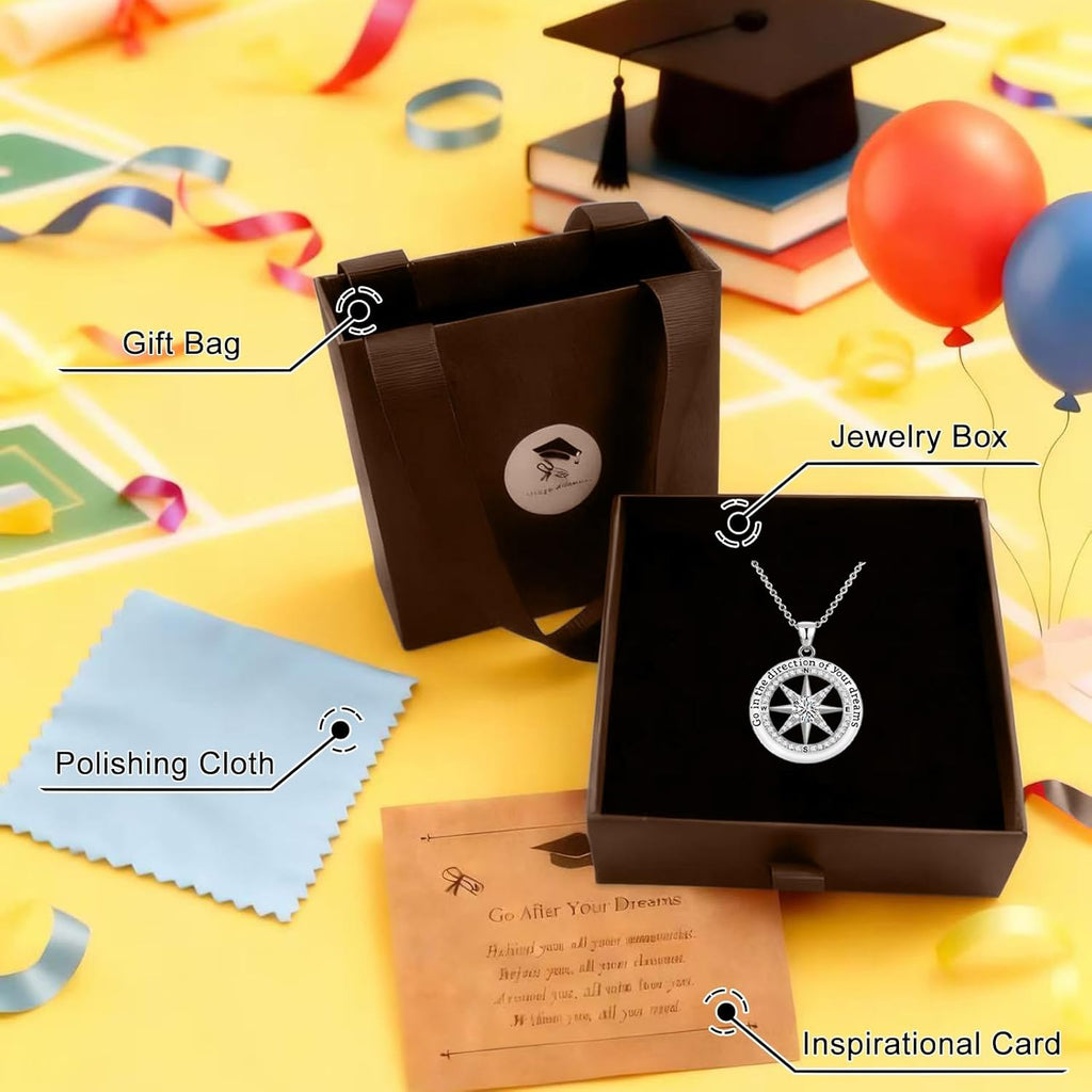 2026 Graduation Gifts for Her-925 Sterling Silver Graduation Compass Necklace College Graduation Gifts for Women Her Granddaughter Daughter 2026