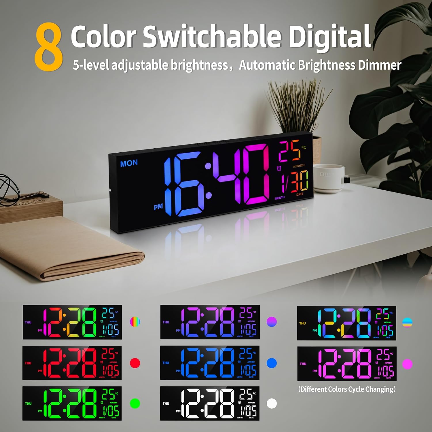 Haitang 8 Colors Digital Wall Clock, 16.2" Large Digital Clock With Temperature, Date, Auto Dst, Night Light, Auto Brightness Dimmer, 24/12-Hour Wall Clock For Living Room Office Classroom Gym
