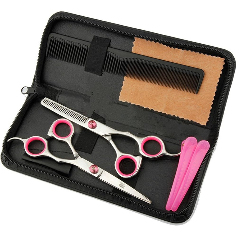 Professional Hair Cutting Scissors Shears Barber Thinning Set Kit- Family Hair Cutting,Barber Hair Cutting Tool Thinning Texturizing/Pink 6"