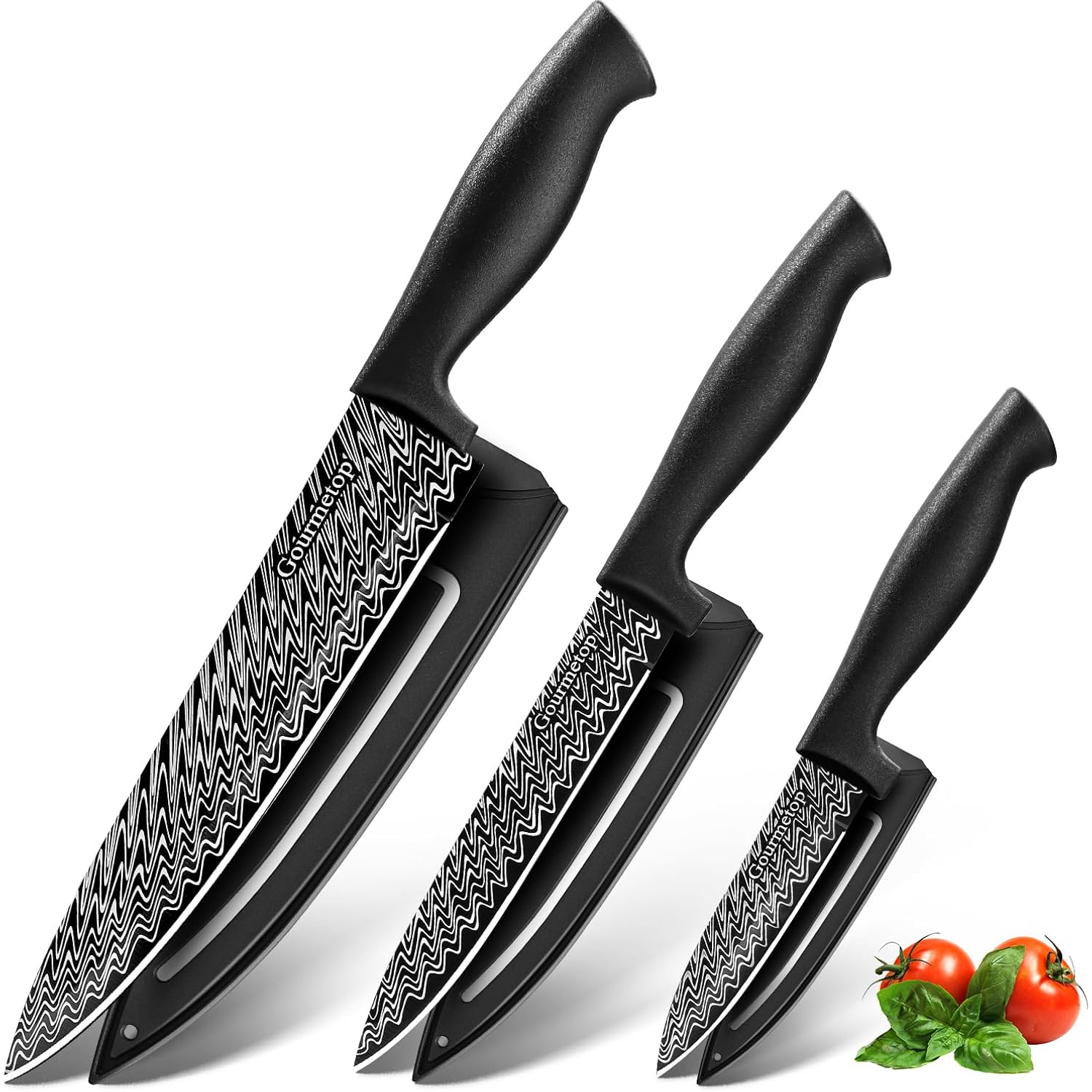 Gourmetop Kitchen Knife Set with Cover 3 Pcs, Black Chef Knife Set for Cooking, Sharp Kitchen Knives with Sheath, 8'' Chef Knife, 5'' Utility, 3.5'' Paring, Damascus Pattern Kitchen Knife for Cutting