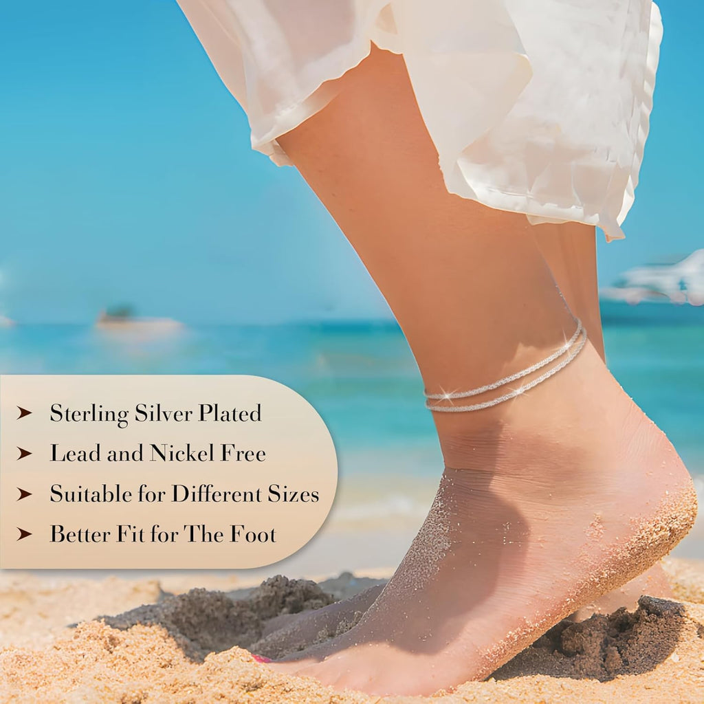 Kenivira Sterling Silver Ankle Bracelets for Women,Gold Dainty Layered Waterproof Anklet for Women, Anklet Set Stackable Beach Gift Adjustable Size