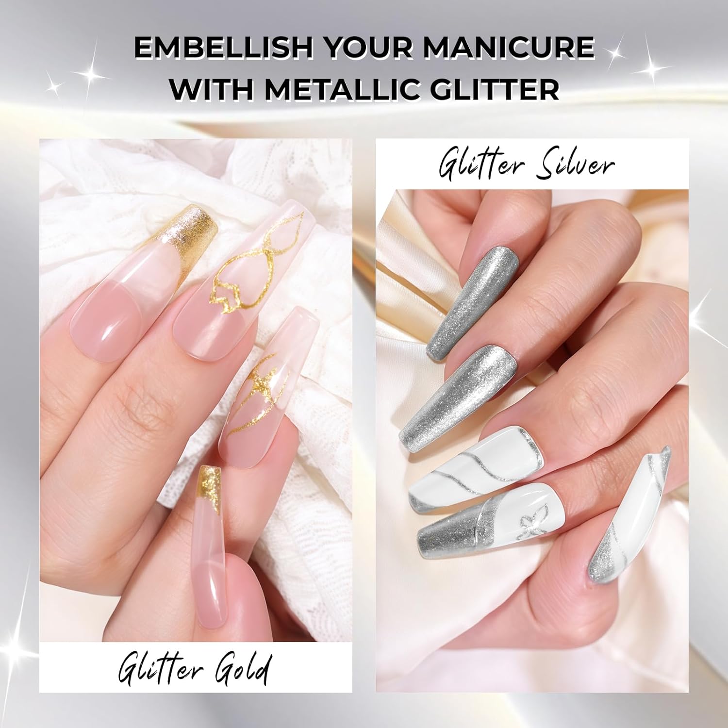 Hema Free Metallic Mirror Painting Gel Nail Polish, Glitter Silver & Gold Metal Painted Drawing Gel with Brush Chrome Gel Polish 2pcs 6ml Set 3D Effect Curing Requires Home Nail Art DIY