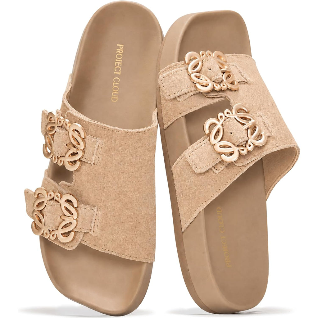 Project Cloud 100% Genuine Leather Womens Sandals Dressy - Lightweight & Non-Slip Women'S Flats Sandals Women With Plush & Soft Insole Slides Sandals For Women 2026 (Velora)