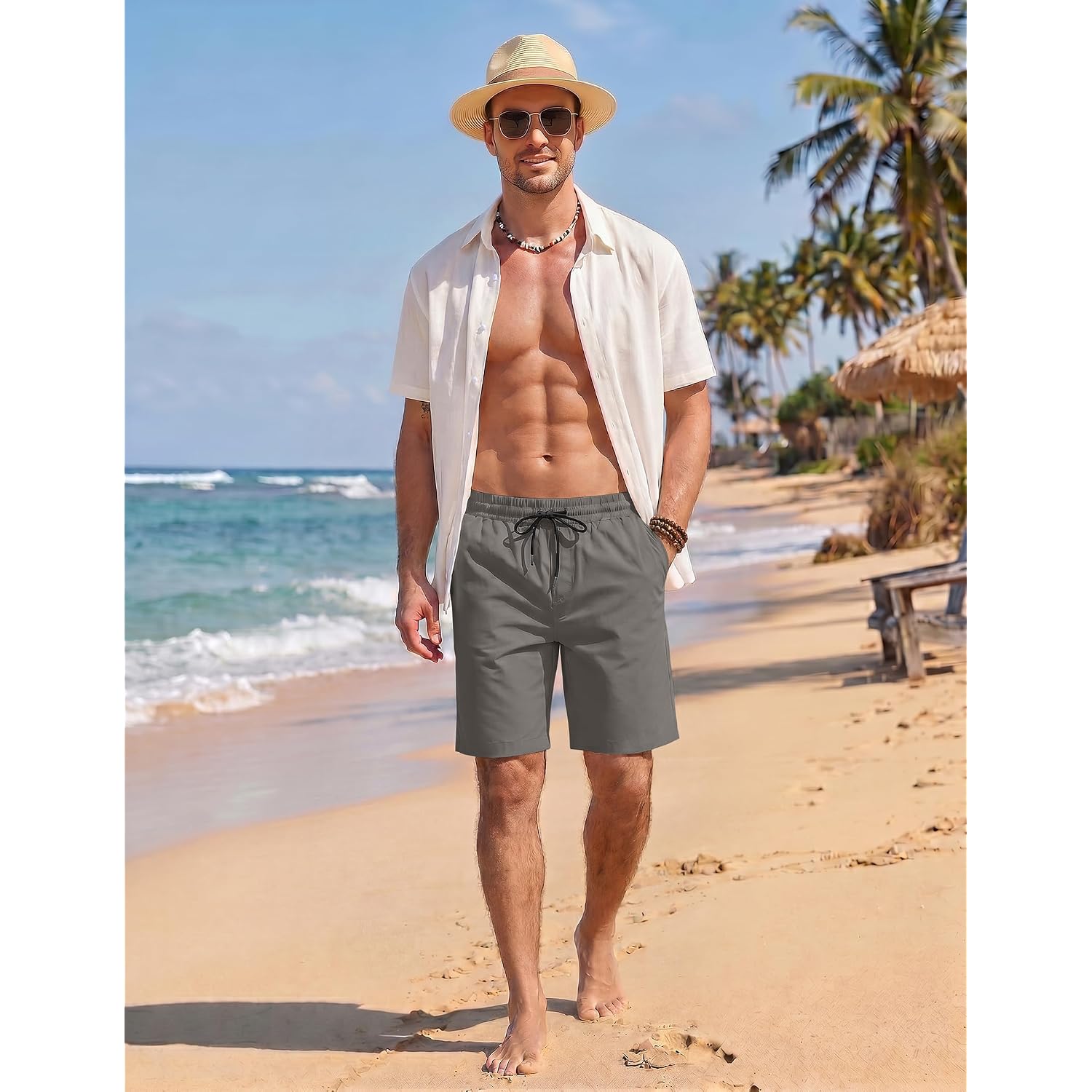 Coofandy Men'S Casual Shorts Cotton Elastic Waist Drawstring Shorts Lightweight Summer Beach Shorts