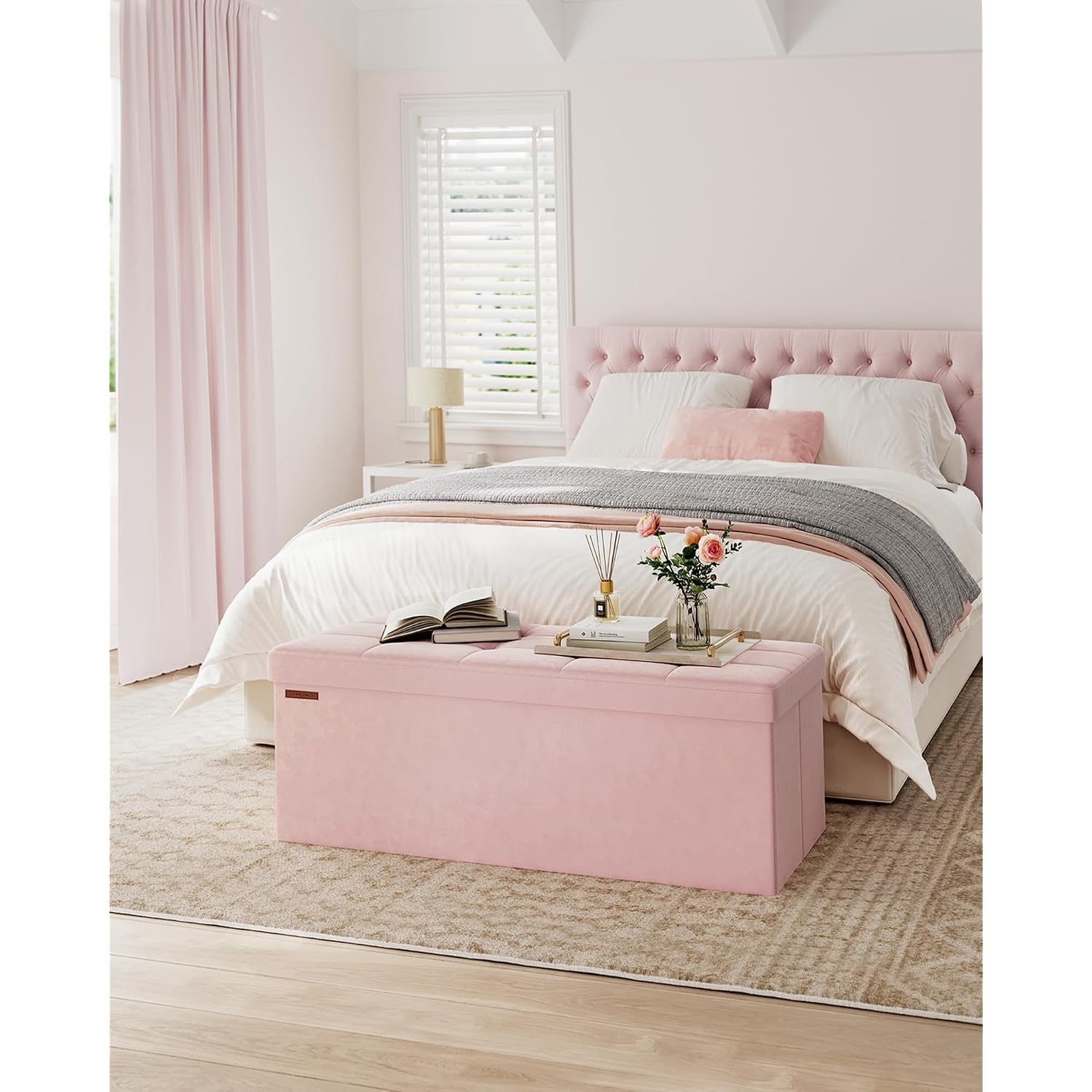 Songmics Mazie Collection - Storage Ottoman Bench, Foldable Foot Rest, 15 X 43 X 15 Inches, End Of Bed Bench, Storage Chest, Load 660 Lb, Living Room, Bedroom, Entryway, Jelly Pink Ulsf277R01