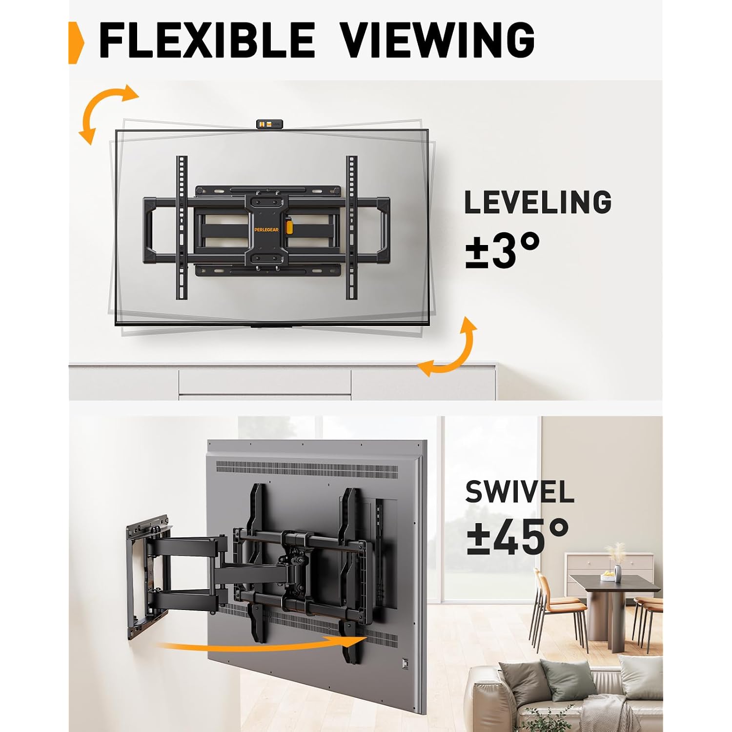 Perlegear Full Motion Tv Wall Mount For 42–86 Inch Tvs Up To 132 Lbs | 30% Thicker Heavy-Duty Articulating Arm, Tool-Free Tilt, Swivel, Extend, Level, Fits 16" Studs, Max Vesa 600X400Mm, Ul Listed