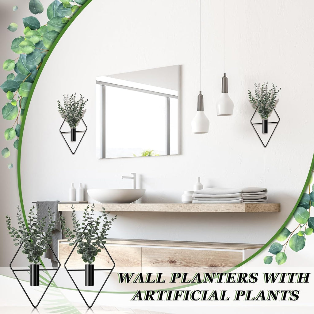 Jexine 4 Pcs Hanging Planters With Artificial Eucalyptus Metal Hanging Vase Indoor Plants Holder Modern Geometric Boho Bathroom Wall Decor For Living Room Home Office(Black)