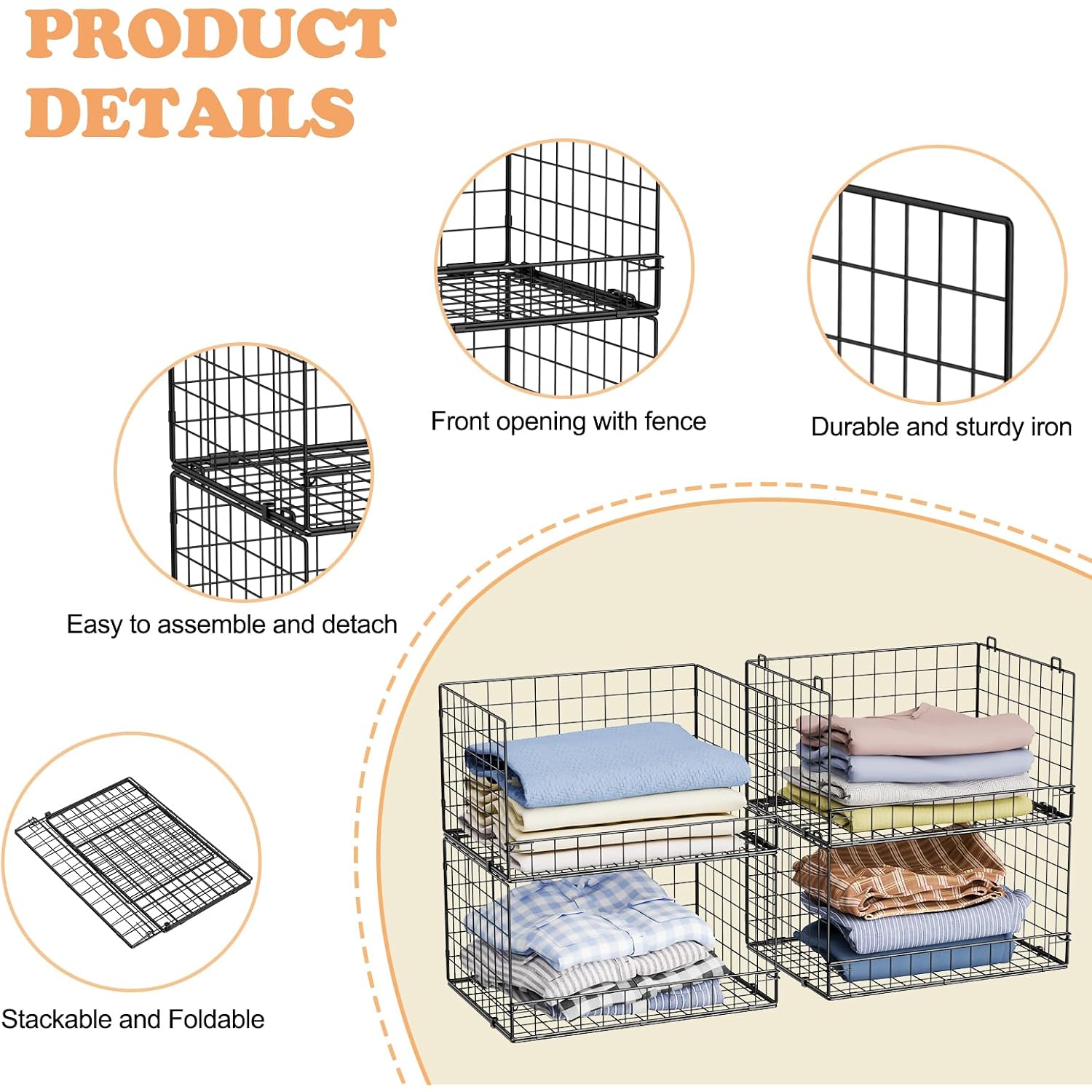 4-Tier Stackable Closet Organizers And Storage Shelves, Foldable Closet Shelf Organizer, Black(Patent Protection)(Patent No. 30022416)