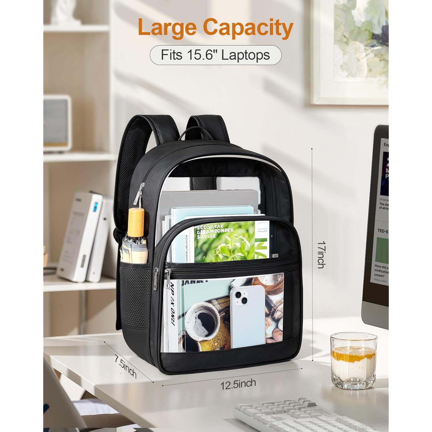 Clear Backpack, Heavy Duty Transparent Bookbag For School, Fabric & Pvc Transparent Backpack With Reinforced Strap For Women Men, Capacity Clear Bag For College, Travel, Security, Black