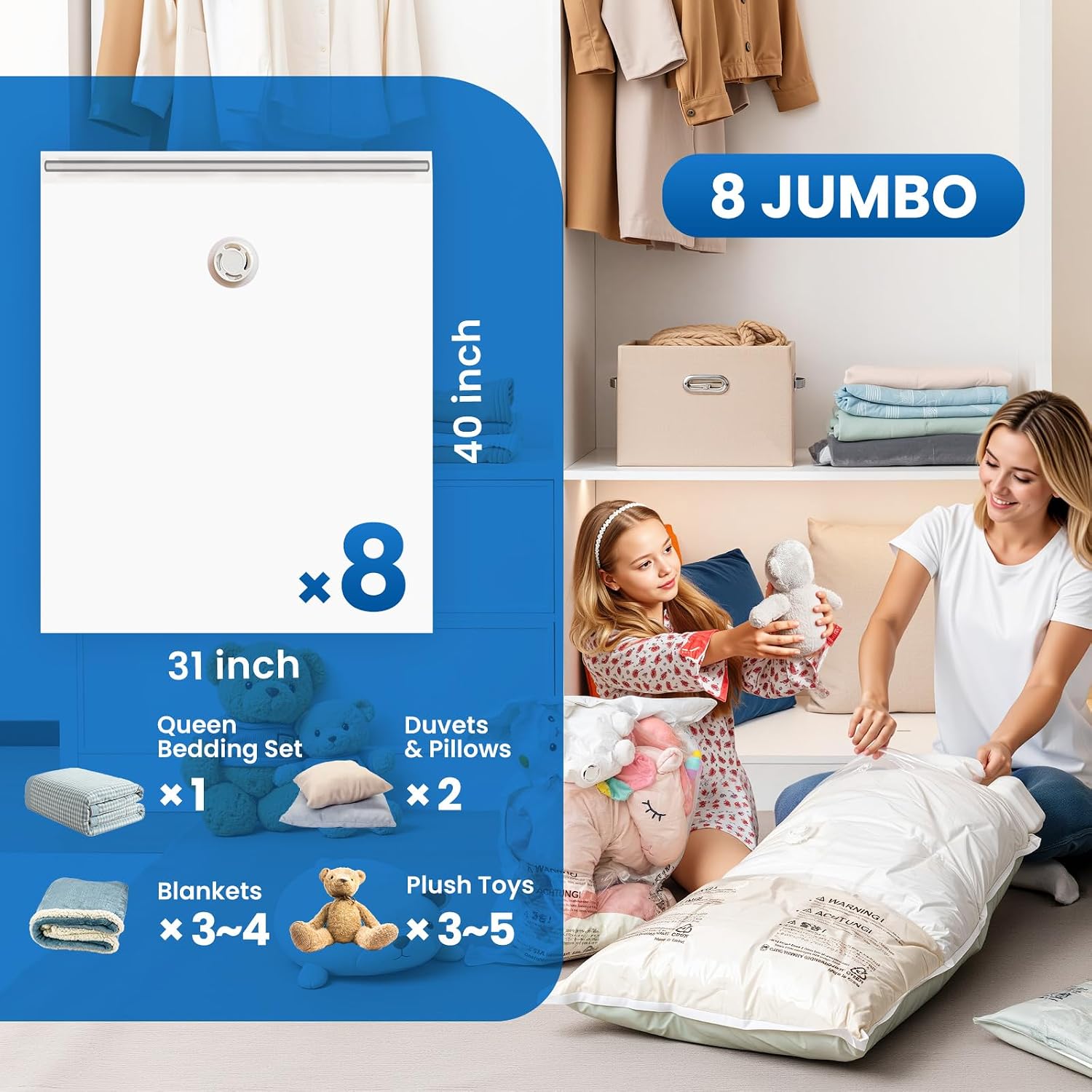 Taili 8 Pack Vacuum Storage Bags, Jumbo Size (31×40 Inch), Vacuum Seal Bags For Clothing, Bulky Bedding, Comforter, Blankets, Pillows, Space Saver Packing