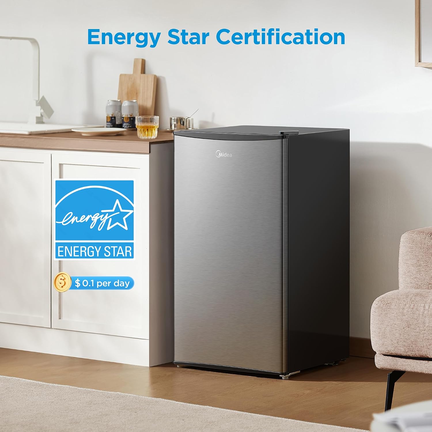 Midea Merm33S1Ast Mini Fridge, 3.3 Cu.Ft Compact Fridge With Internal Light, Adjustable Thermostat, Reversible Door, Low Noise For Dorm, Office, Bedroom, Stainless Steel