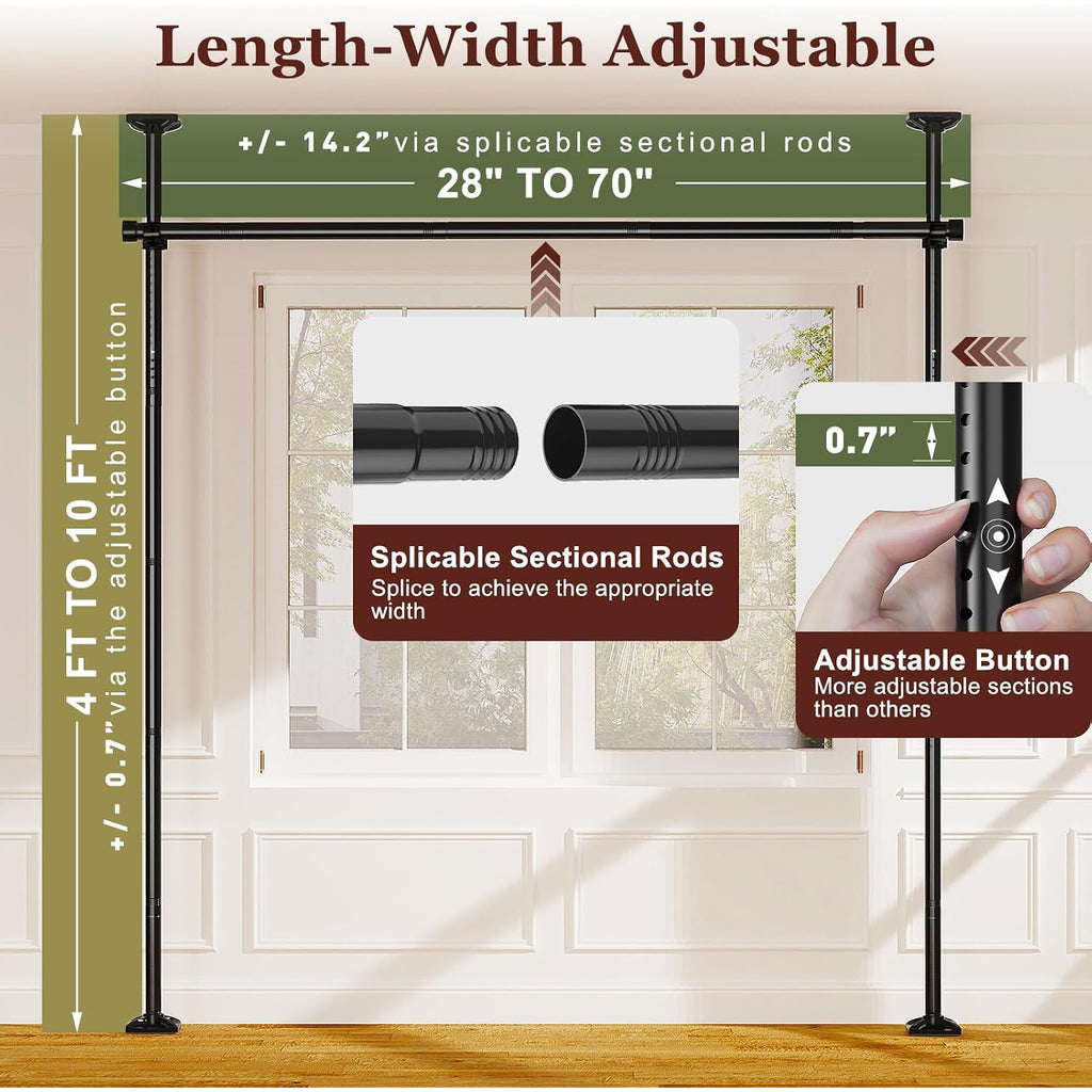 Room Divider For Room Separation, Tension Curtain Rods No Drilling, 4-10Ft(H) 28-70Inch(W) Adjustable Temporary Privacy Wall Divider, Heavy Duty Freestanding Space Partition Separator, Black