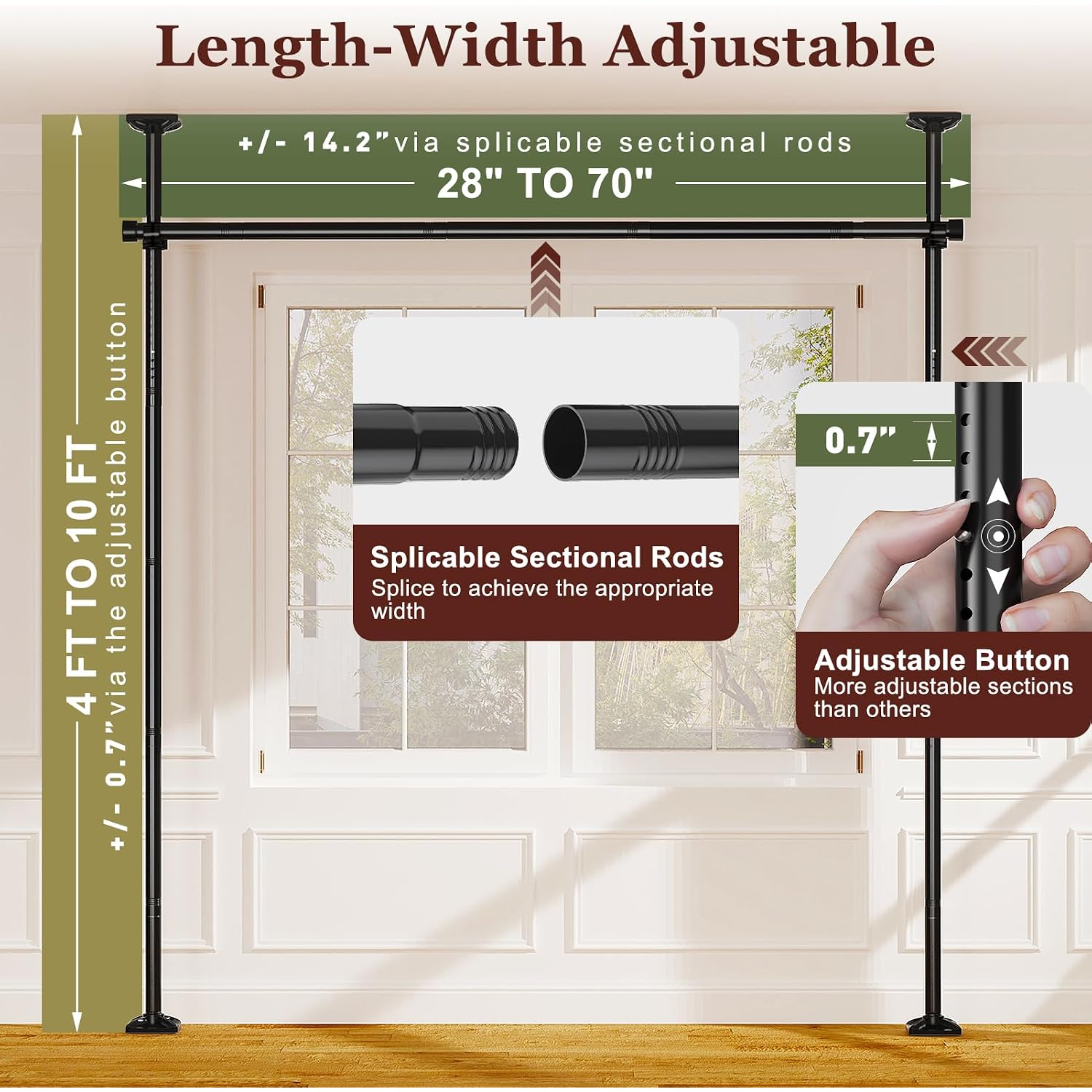 Room Divider For Room Separation, Tension Curtain Rods No Drilling, 4-10Ft(H) 28-70Inch(W) Adjustable Temporary Privacy Wall Divider, Heavy Duty Freestanding Space Partition Separator, Black